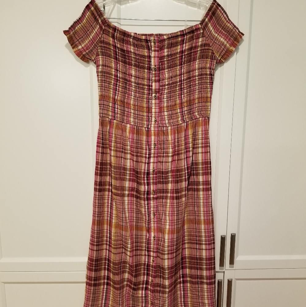 So plaid smocked midi dress